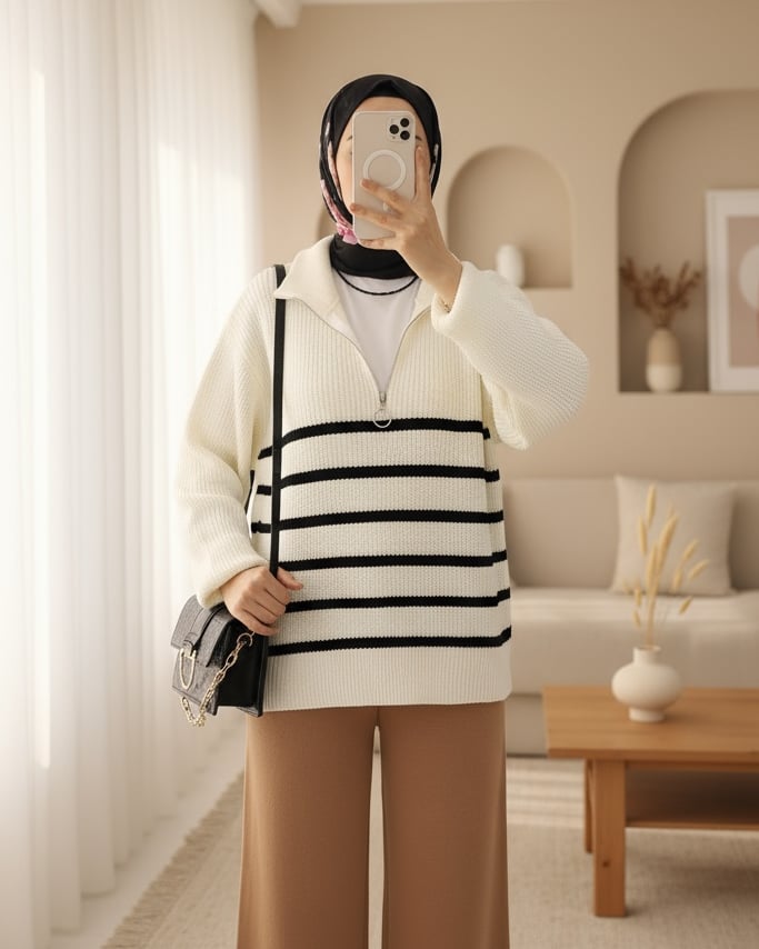 Yarım Fermuarlı Yan Çizgili Triko Kazak -Ekru