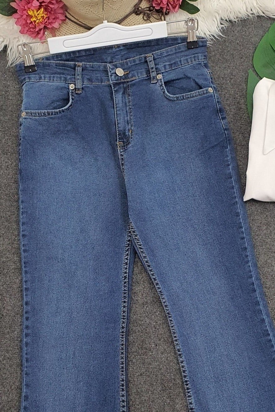 Yüksek Bel İspanyol Paça Düğmeli Kot Pantolon -Koyu Mavi