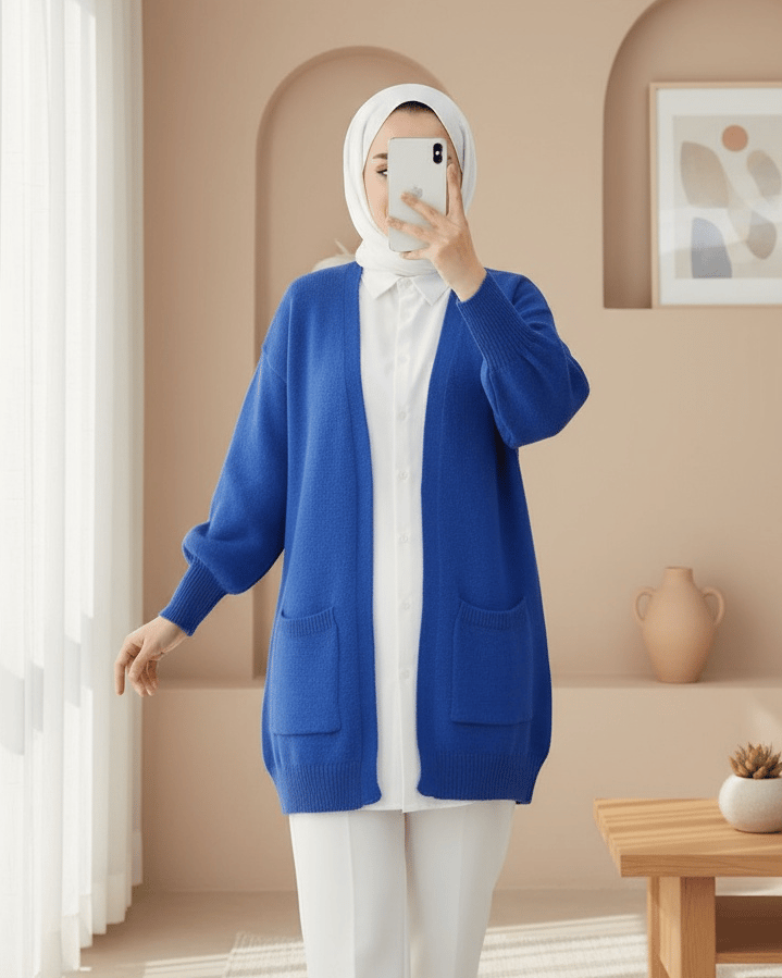 Yumoş Cift Cepli Triko Hırka    -Saks