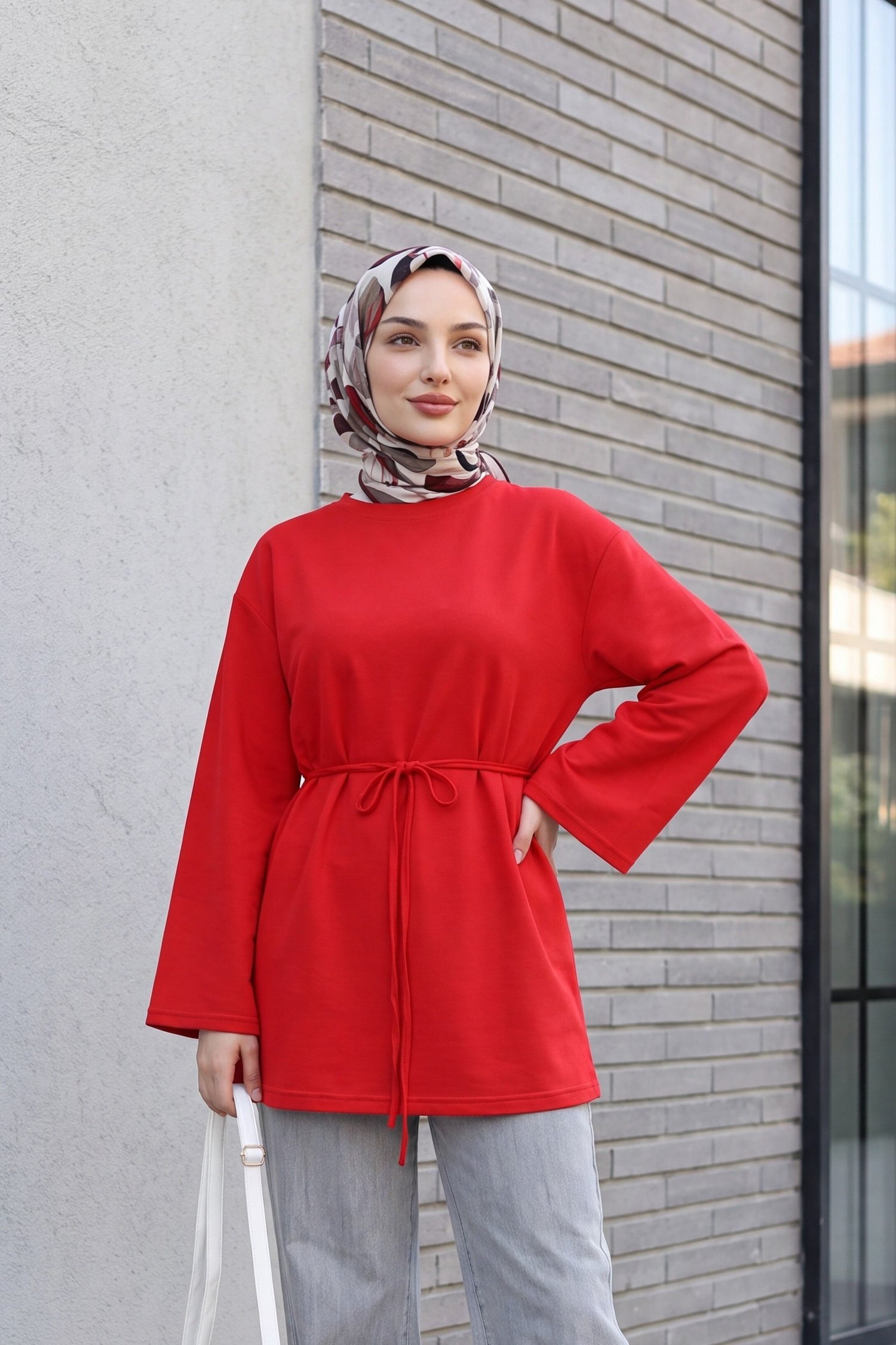 Yuvarlak Yaka Beli Bağlamalı Penye Tunik   -Kırmızı