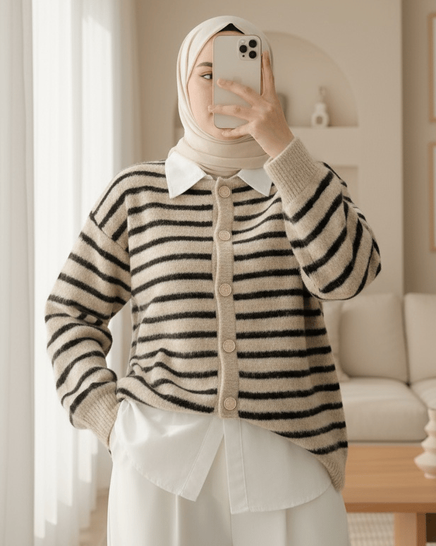 Yuvarlak Yaka Çizgili Düğmeli Yumoş Triko Hırka -K. Kahve