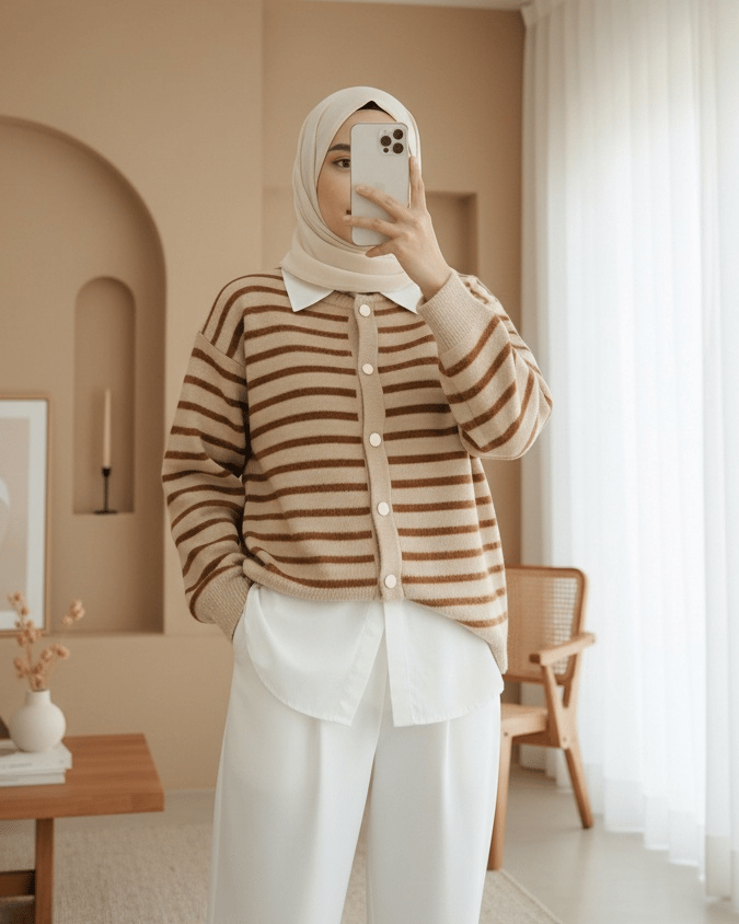 Yuvarlak Yaka Çizgili Düğmeli Yumoş Triko Hırka -Kahve