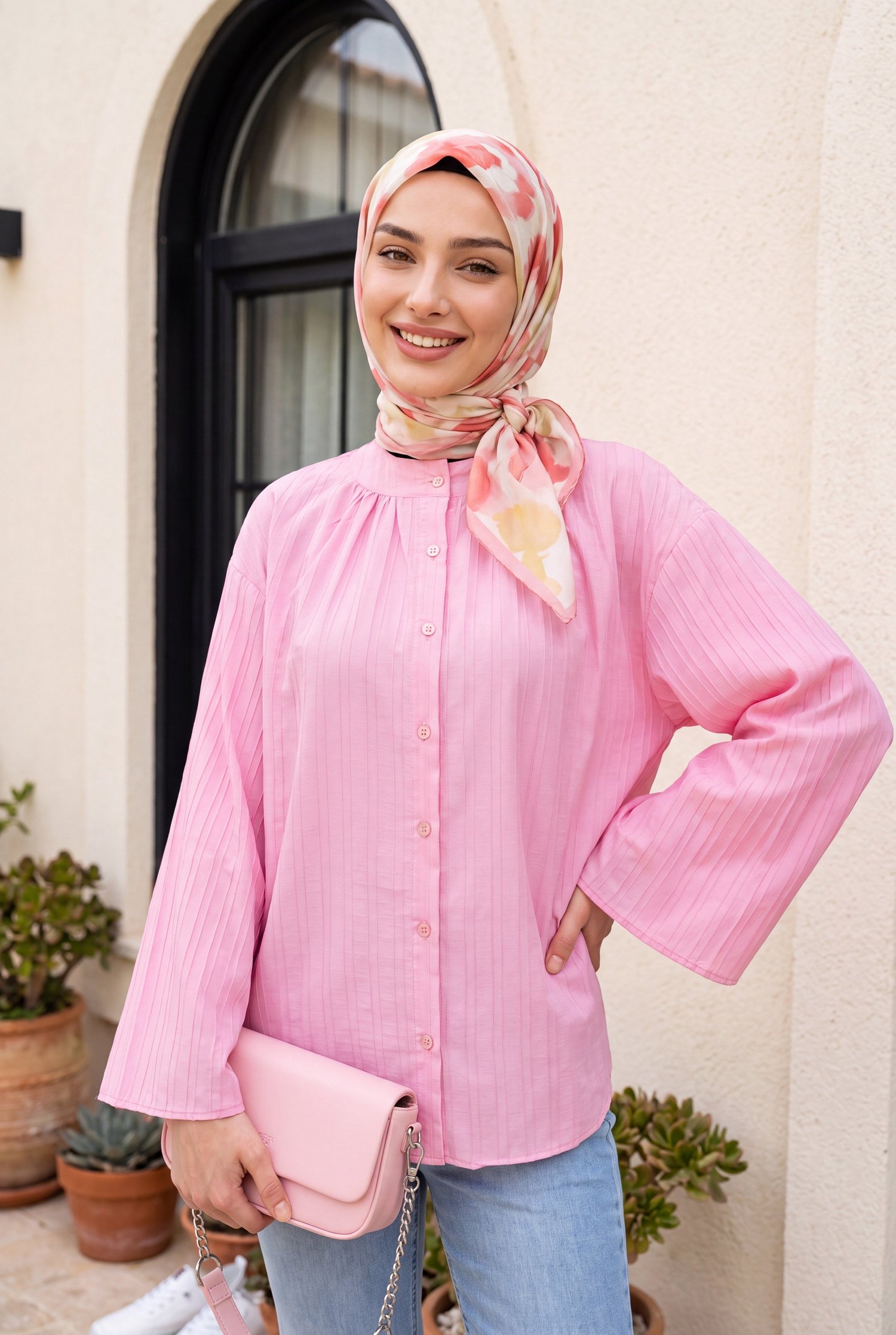Yuvarlak Yaka Düğmeli İspanyol Kol Siena Tunik   -Pembe