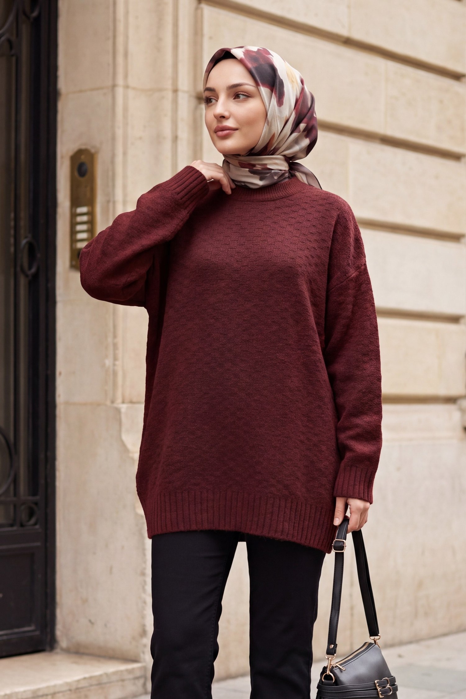 Yuvarlak Yaka Eteği Fitilli Salaş Triko Tunik -Bordo