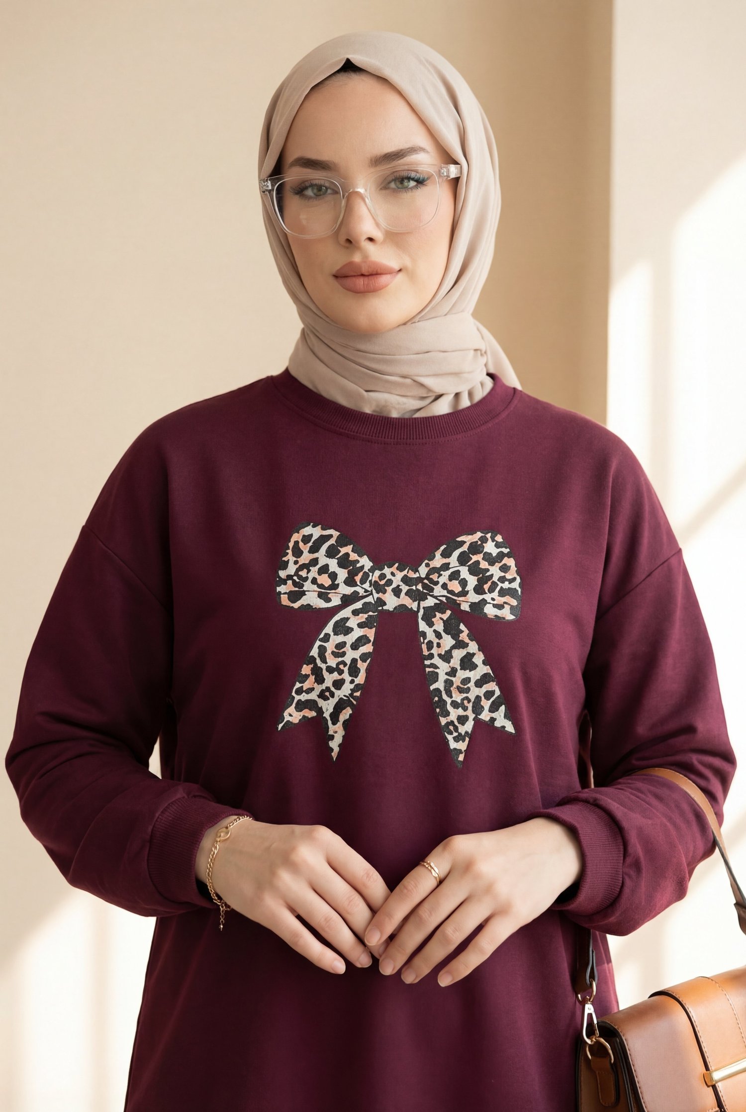 Yuvarlak Yaka Fiyonk Baskılı Salaş Oyşo Tunik -Mürdüm