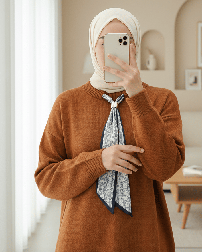 Yuvarlak Yaka Fularlı Salaş Triko Tunik -Kiremit