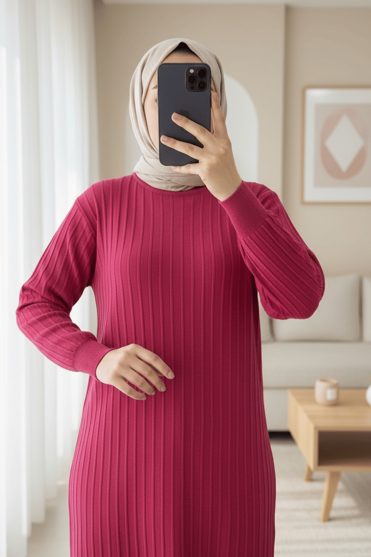 Yuvarlak Yaka İnce Çizgili Triko Tunik -Bordo