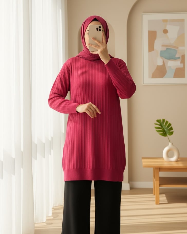 Yuvarlak Yaka İnce Çizgili Triko Tunik -Bordo