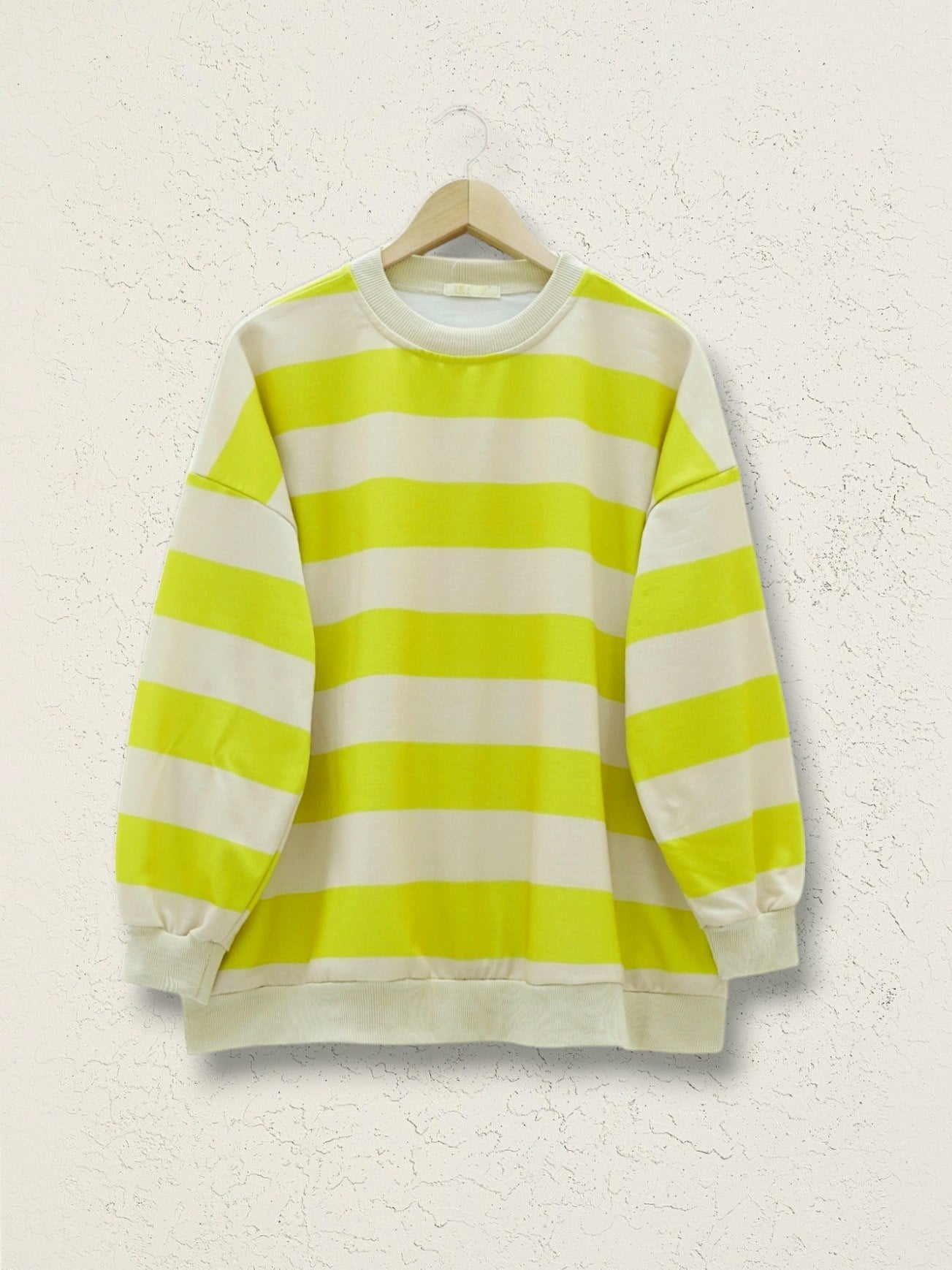 Yuvarlak Yaka Kalın Çizgili Oversize Sweat -Yağ Yeşili