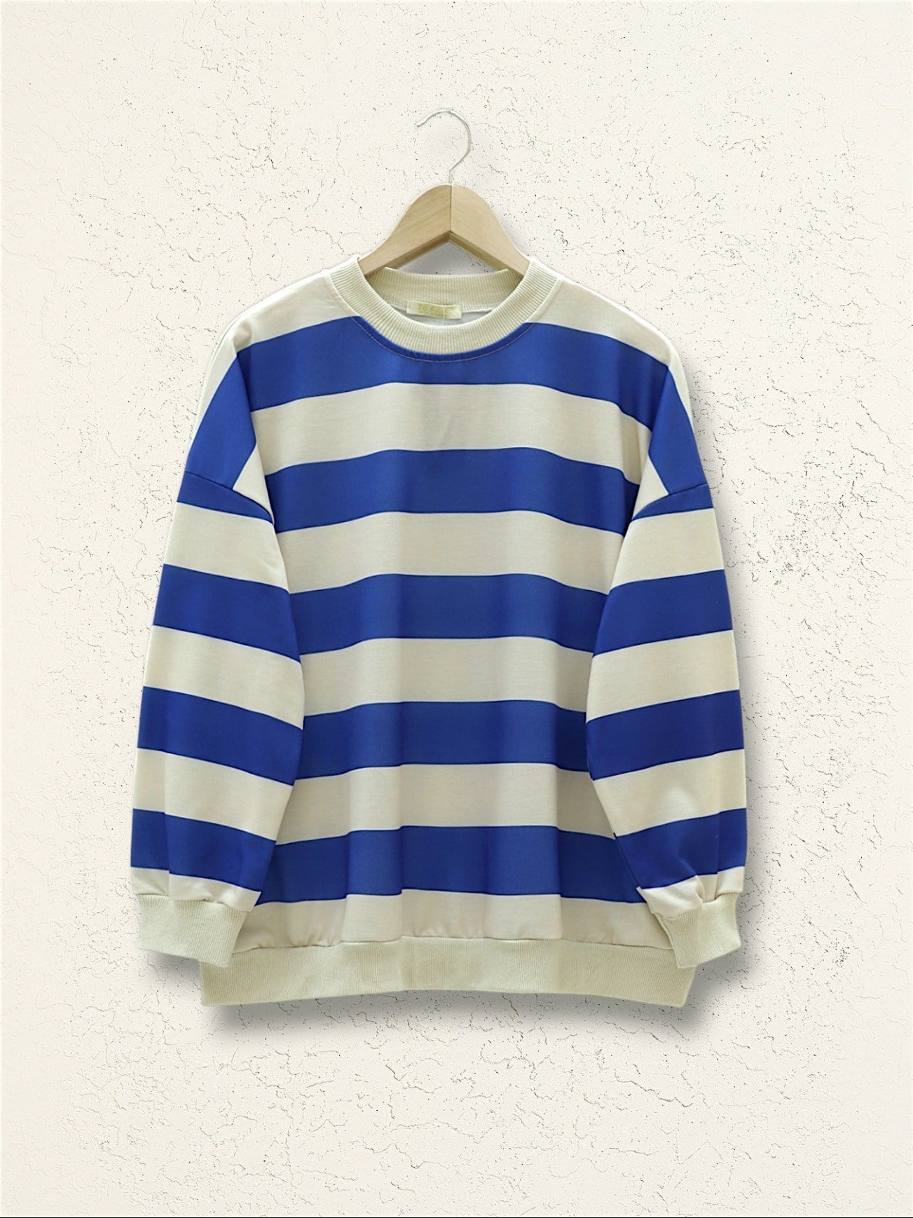 Yuvarlak Yaka Kalın Çizgili Oversize Sweat -Saks