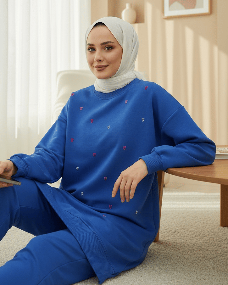 Yuvarlak Yaka Kalp Desenli Penye Tunik  -Mavi