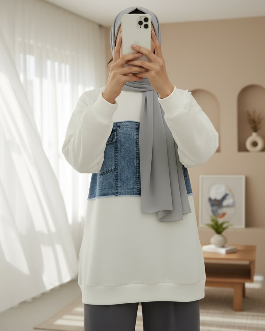 Yuvarlak Yaka Önü Kot Cep Detaylı Sweat -Beyaz