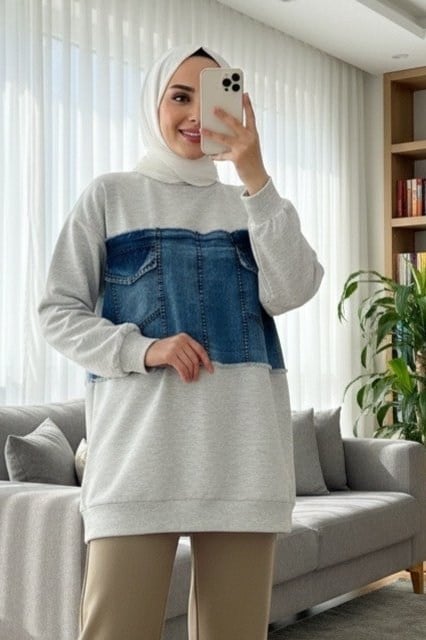 Yuvarlak Yaka Önü Kot Cep Detaylı Sweat -Açık Gri