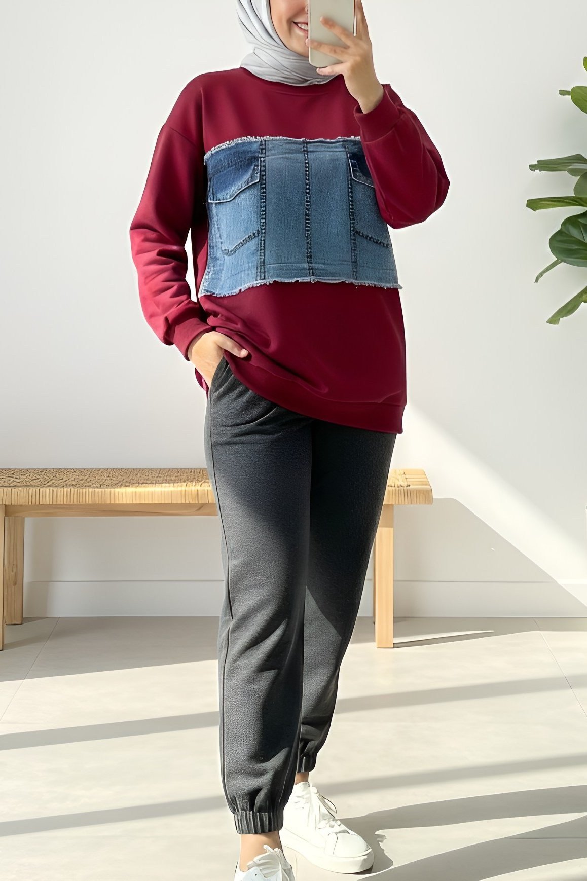 Yuvarlak Yaka Önü Kot Cep Detaylı Sweat -Bordo