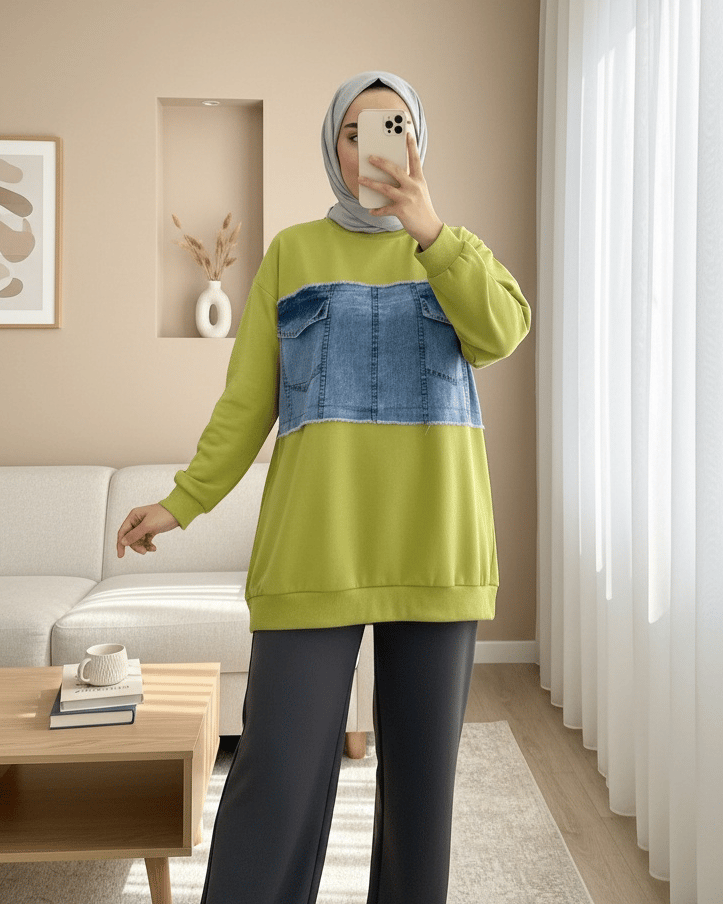 Yuvarlak Yaka Önü Kot Cep Detaylı Sweat -Yağ Yeşili