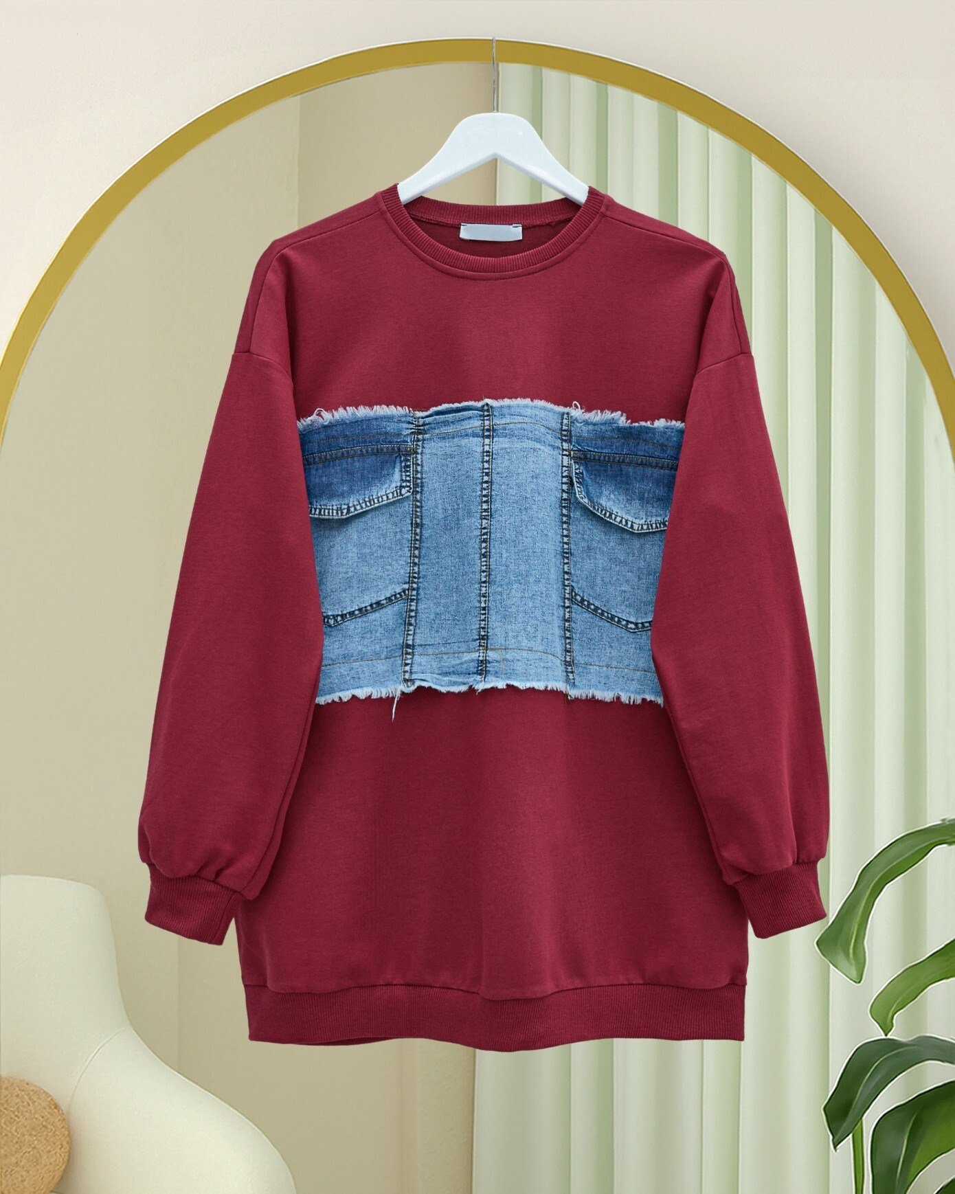 Yuvarlak Yaka Önü Kot Cep Detaylı Sweat -Bordo