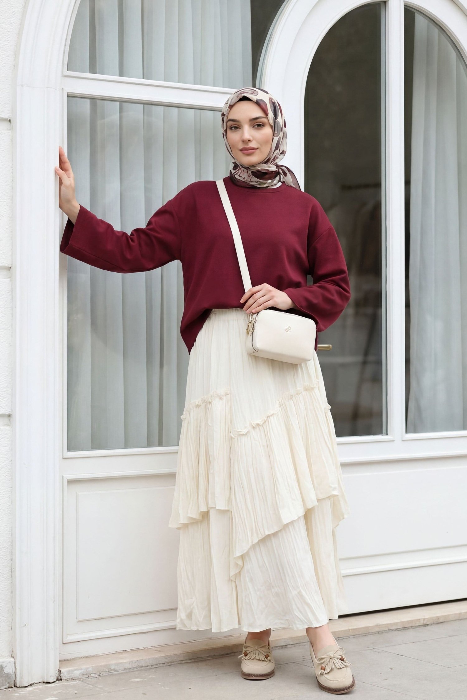 Yuvarlak Yaka Salaş Penye Bluz -Bordo