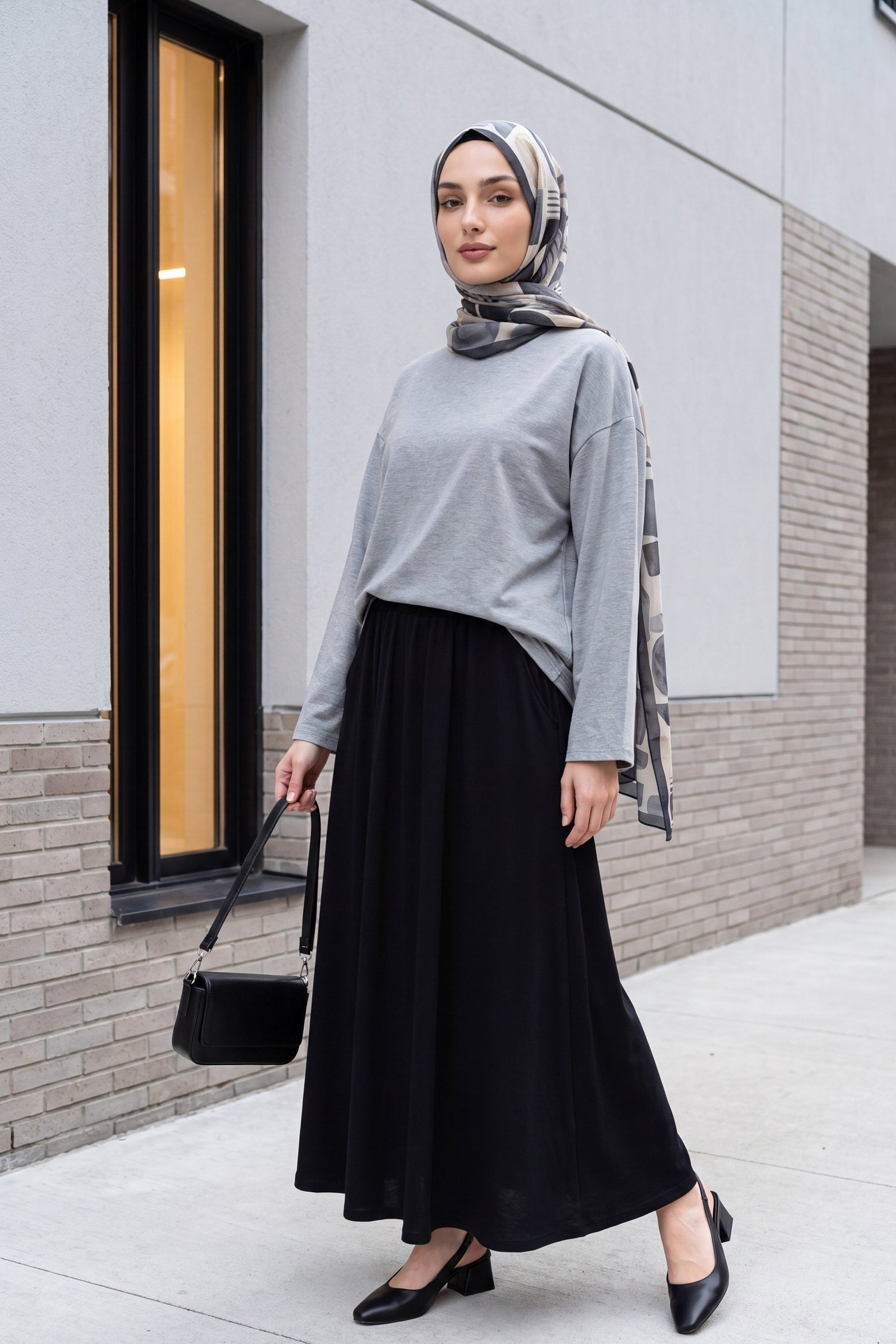 Yuvarlak Yaka Salaş Penye Tunik       -Gri
