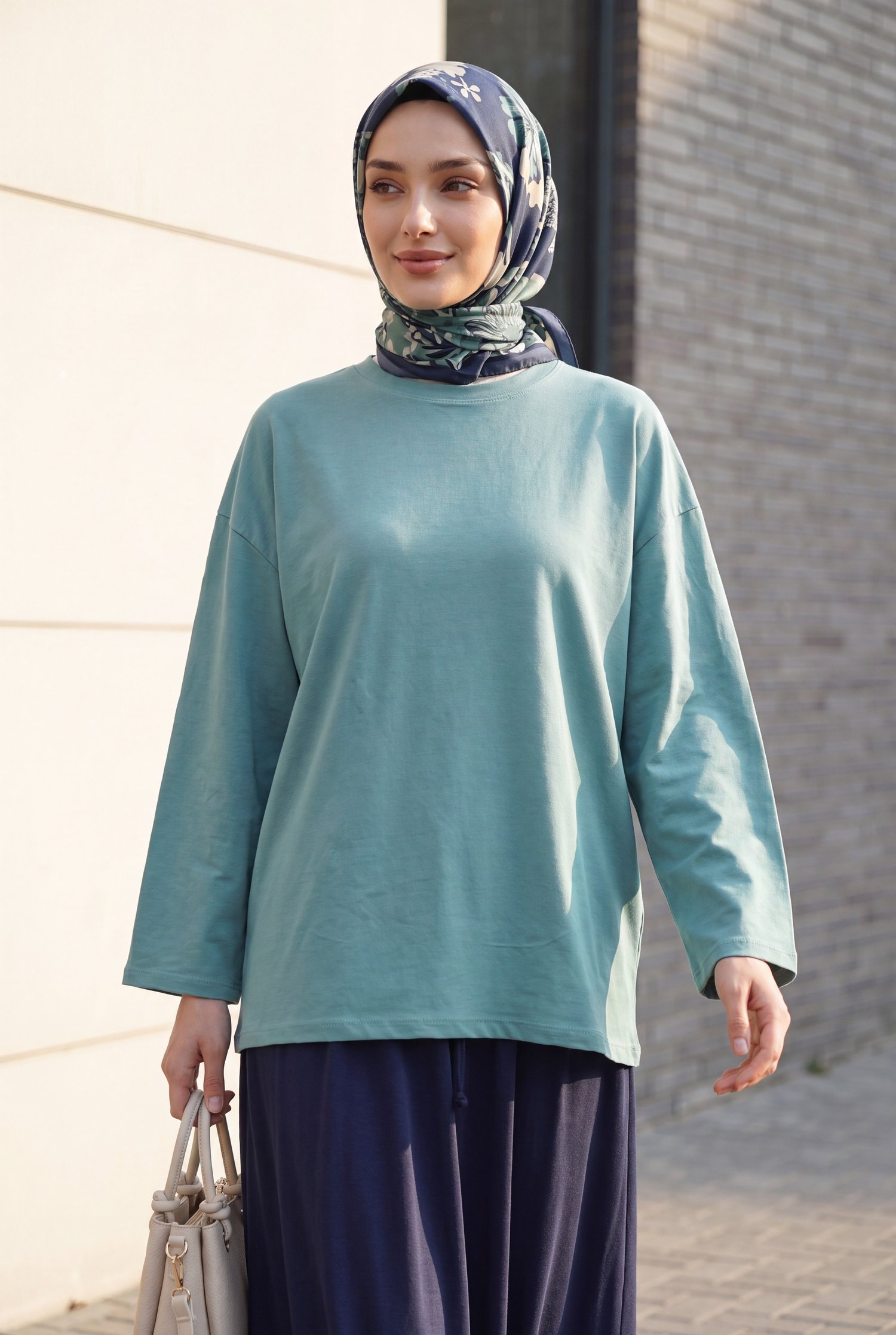 Yuvarlak Yaka Salaş Penye Tunik       -Mint