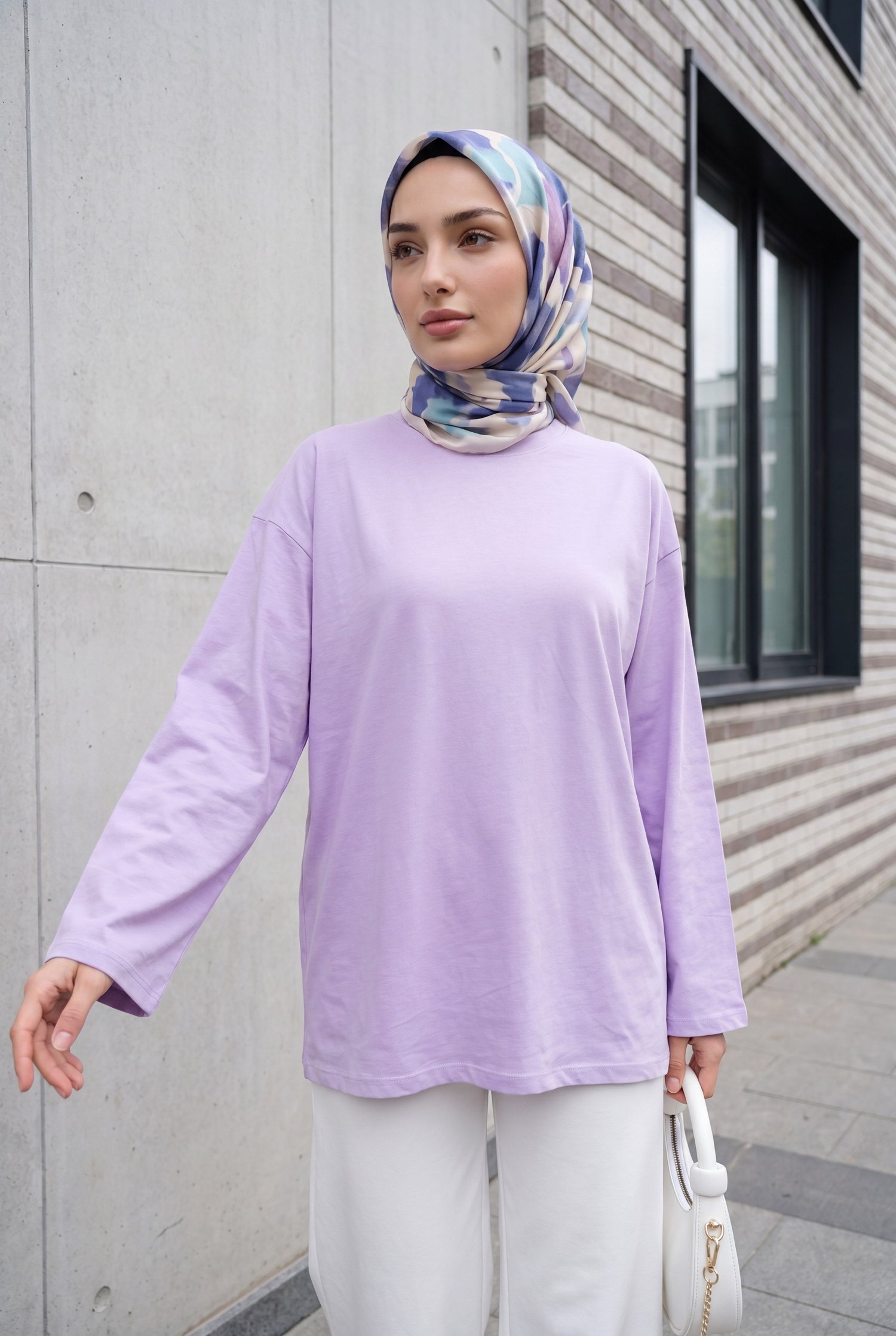 Yuvarlak Yaka Salaş Penye Tunik     -Açık Lila