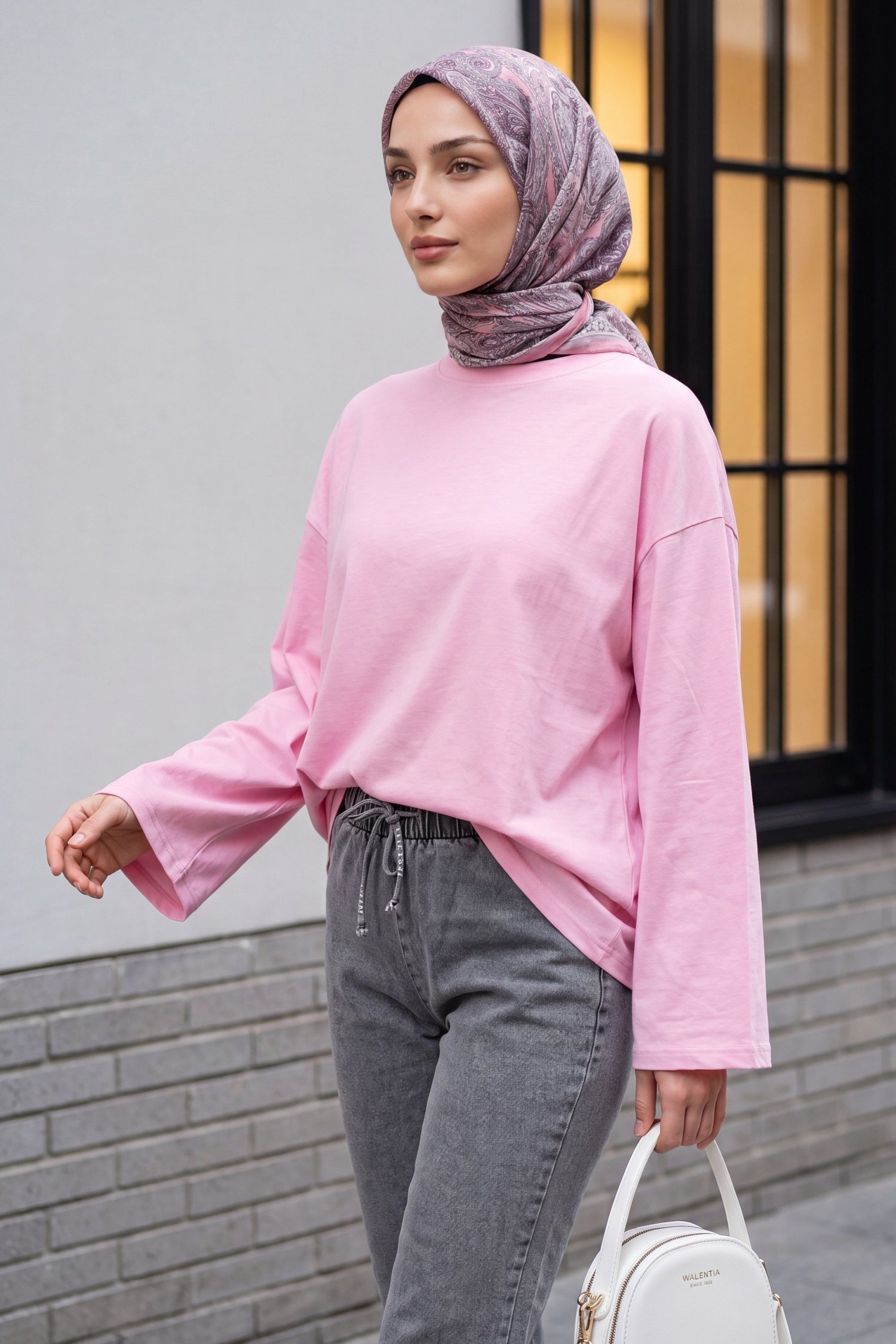 Yuvarlak Yaka Salaş Penye Tunik     -Pembe