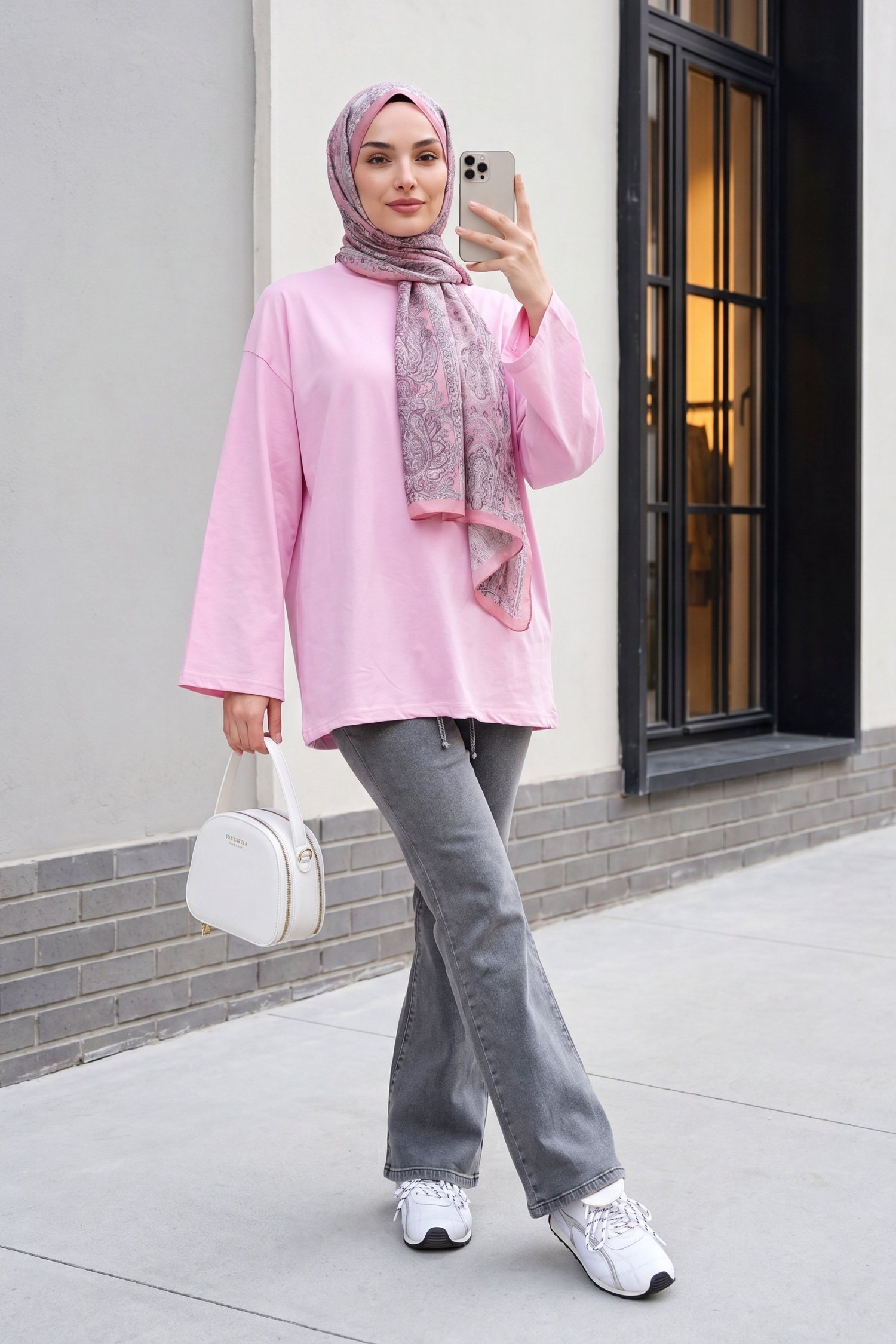 Yuvarlak Yaka Salaş Penye Tunik     -Pembe