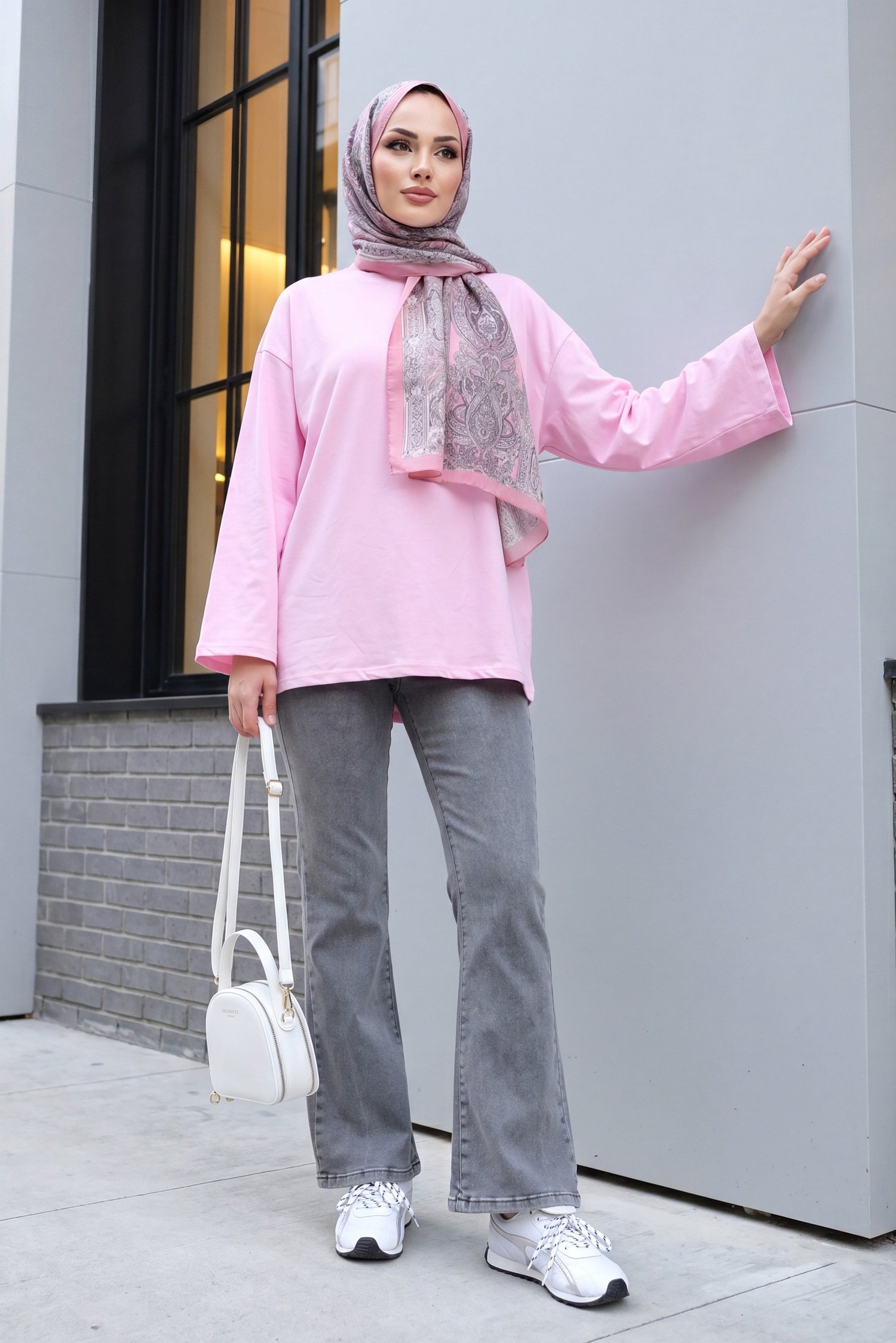 Yuvarlak Yaka Salaş Penye Tunik     -Pembe