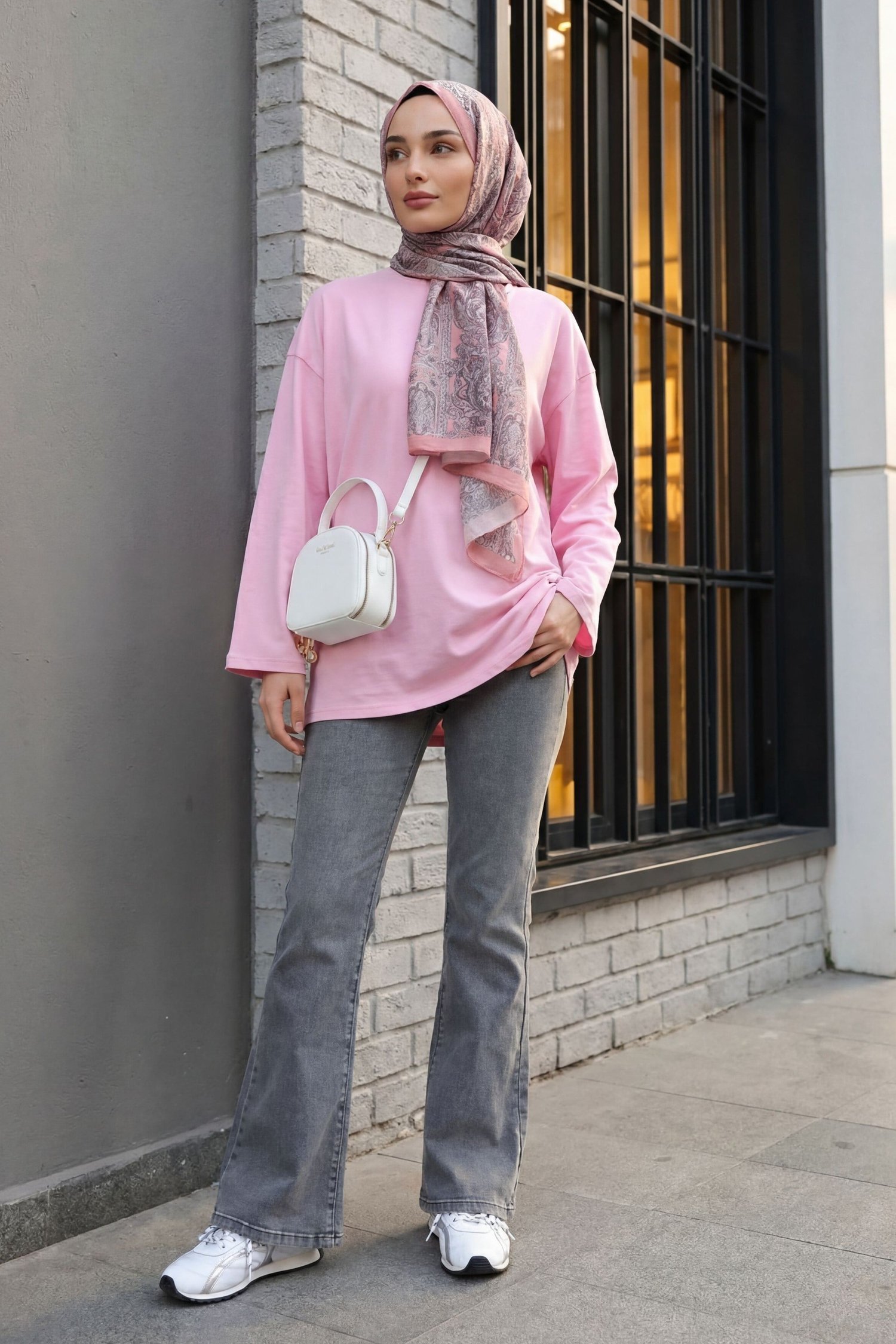Yuvarlak Yaka Salaş Penye Tunik     -Pembe