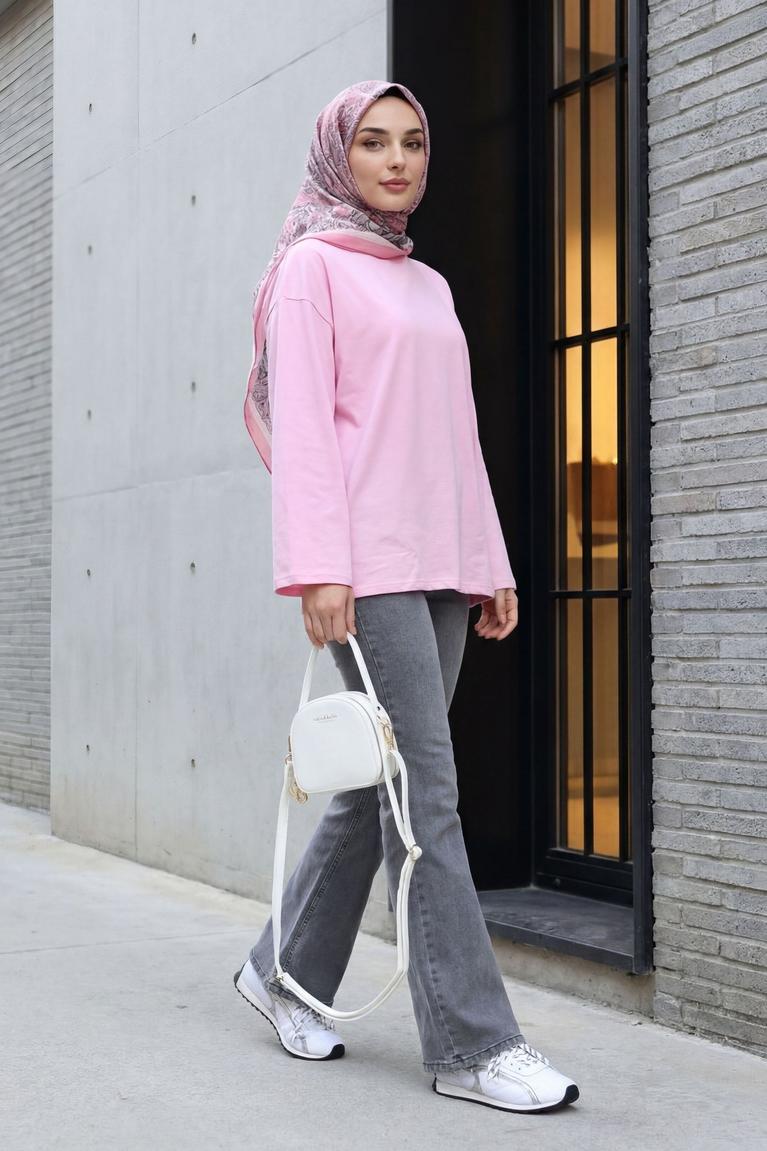 Yuvarlak Yaka Salaş Penye Tunik     -Pembe