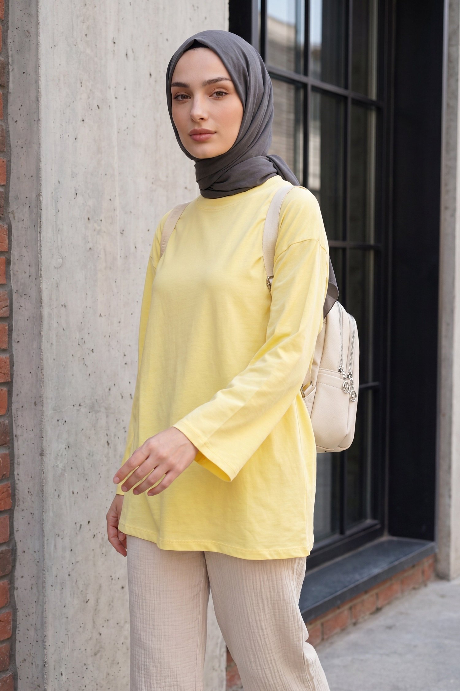 Yuvarlak Yaka Salaş Penye Tunik     -Sarı