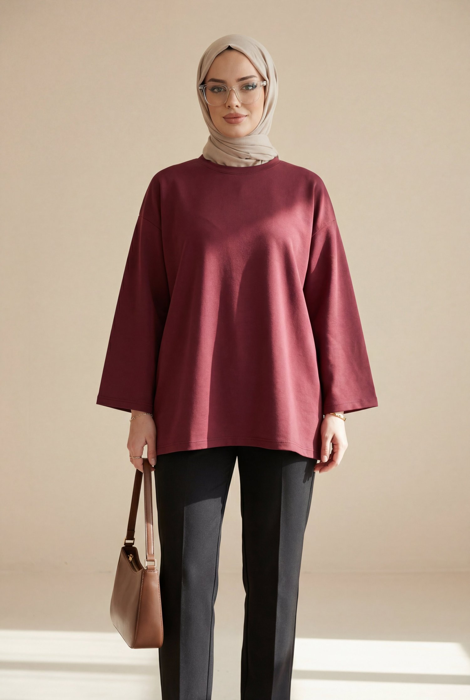 Yuvarlak Yaka Salaş Penye Tunik  -Bordo
