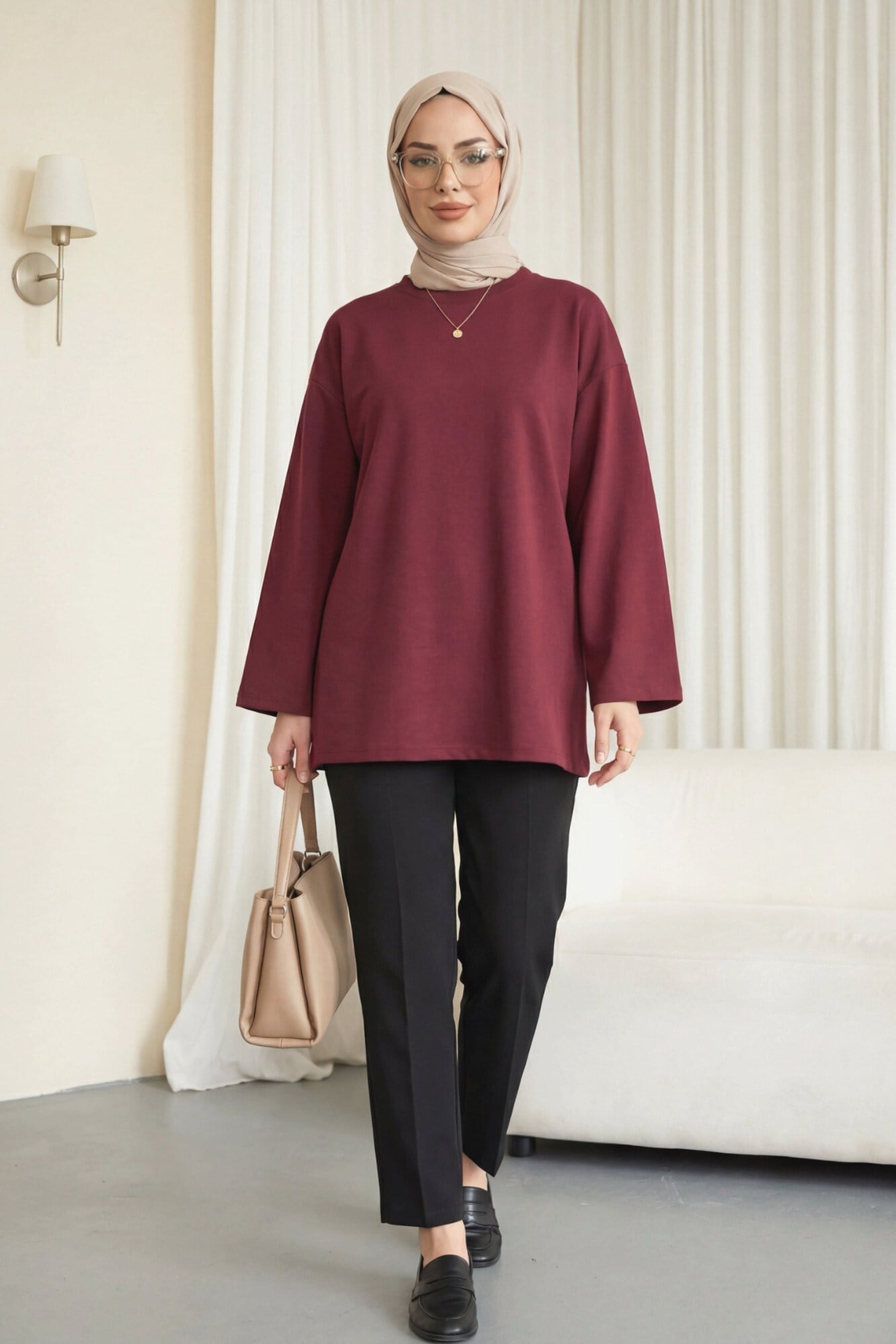 Yuvarlak Yaka Salaş Penye Tunik  -Bordo
