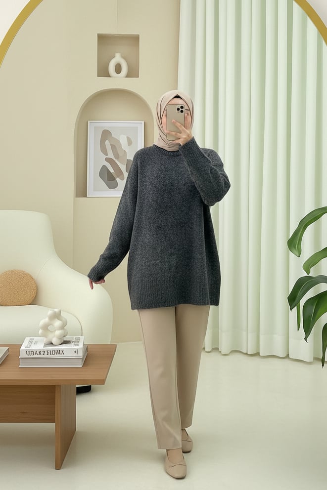 Yuvarlak Yaka Salaş Yumoş Triko  Kazak  -Füme