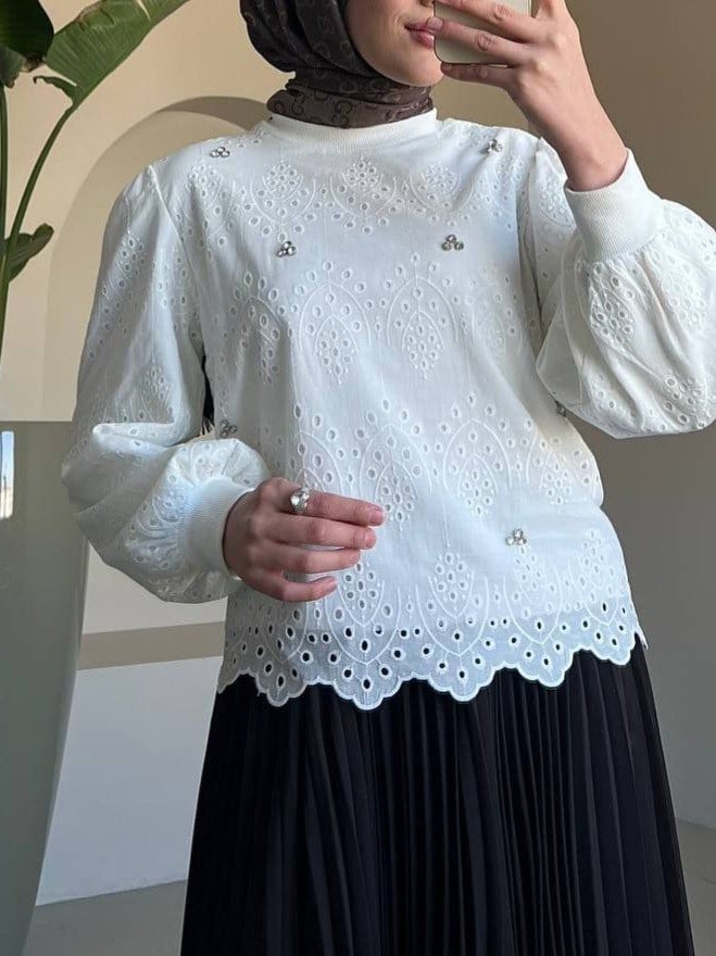 Yuvarlak Yaka Taşlı Astarlı Tunik -Beyaz