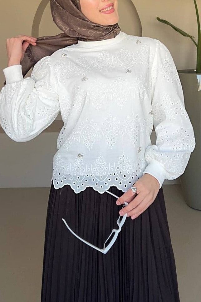 Yuvarlak Yaka Taşlı Astarlı Tunik -Beyaz