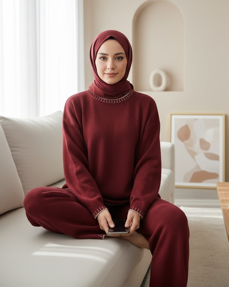 Yuvarlak Yaka Uçları Nakış Detaylı Triko Takım  -Bordo
