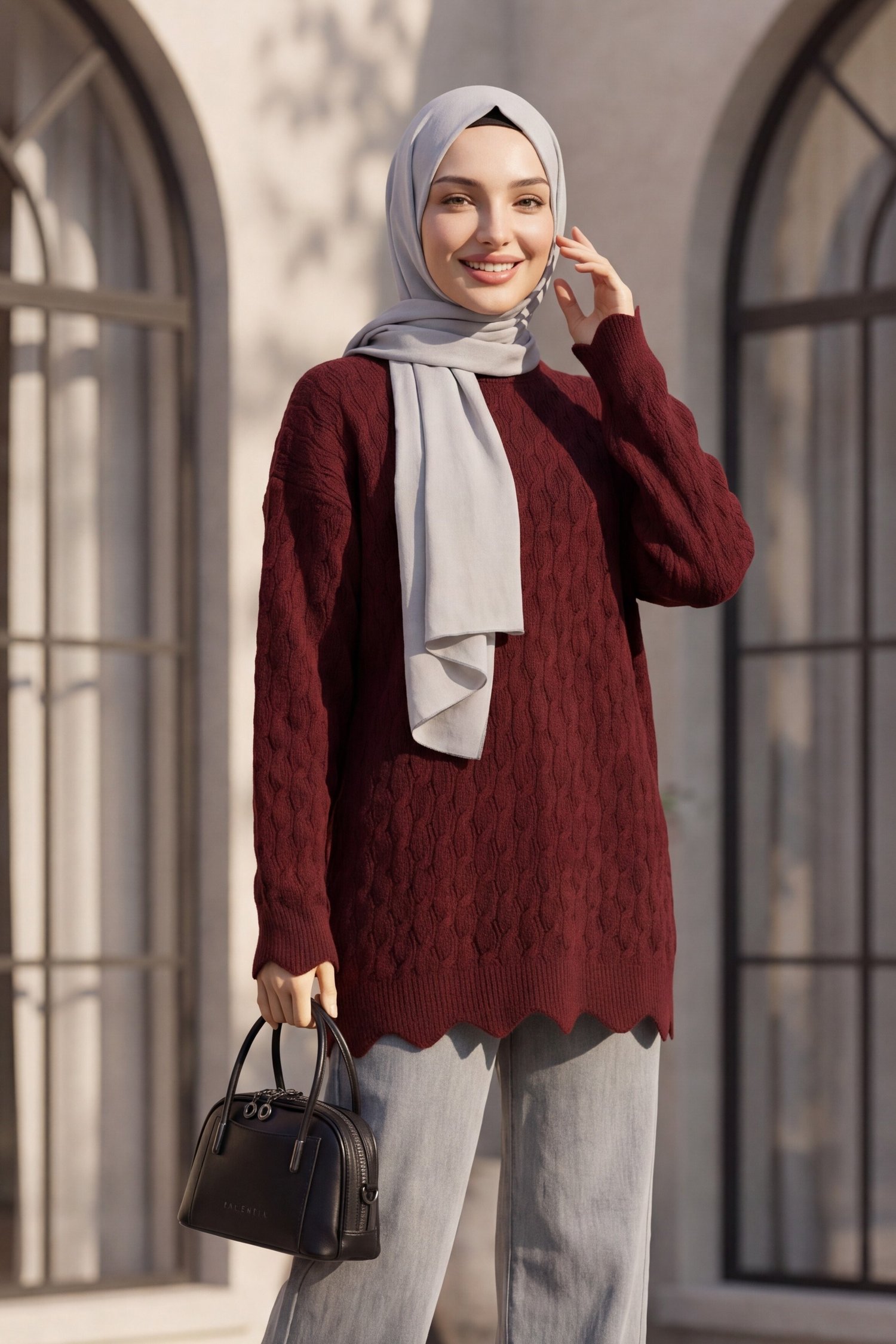 Zincir Desenli Bisiklet Yaka Salaş Triko Tunik -Bordo