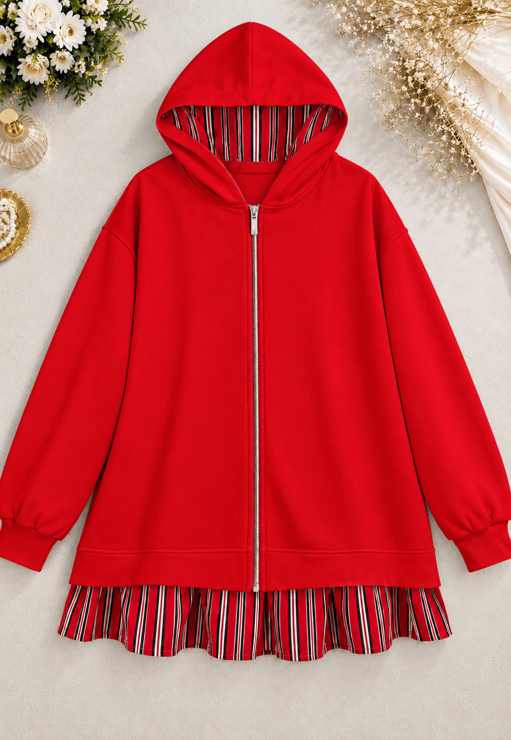 Zip-Up Kapşonlu Fermuarlı Çizgi Detaylı Oysho Sweat - Kırmızı
