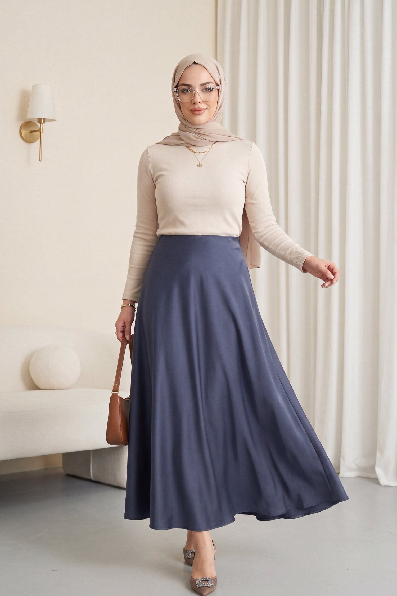 Zra Düz Saten Etek -Füme