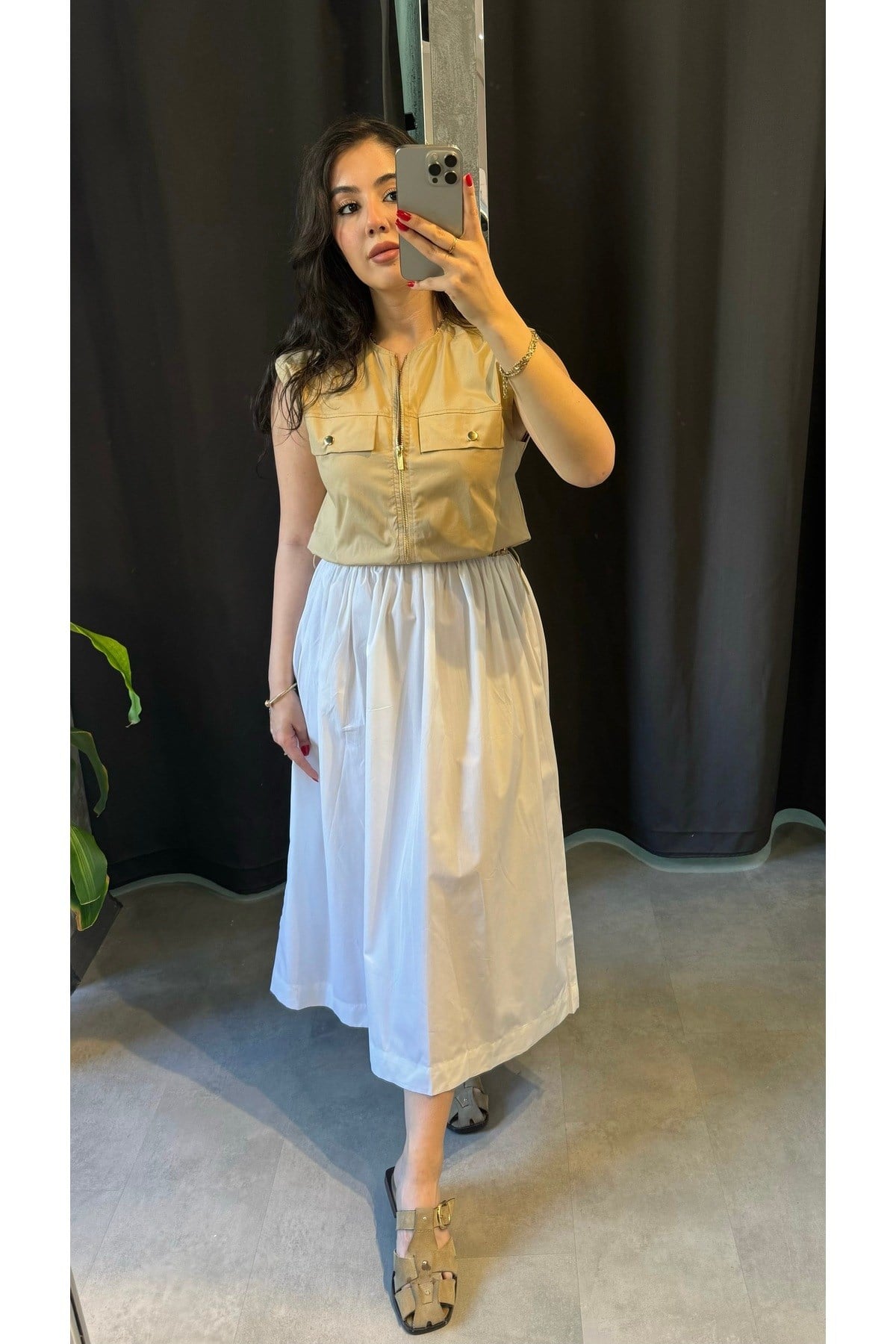 Camel Beli İpli Cepli Poplin Elbise