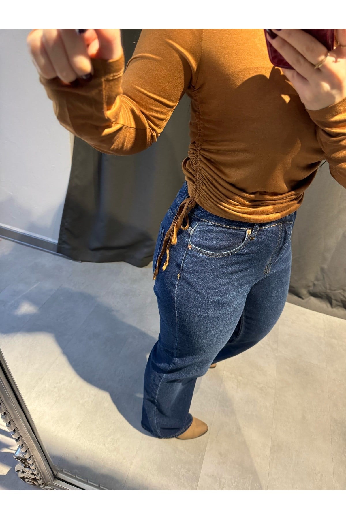 Kahverengi Büzgülü Slim Fit Bluz
