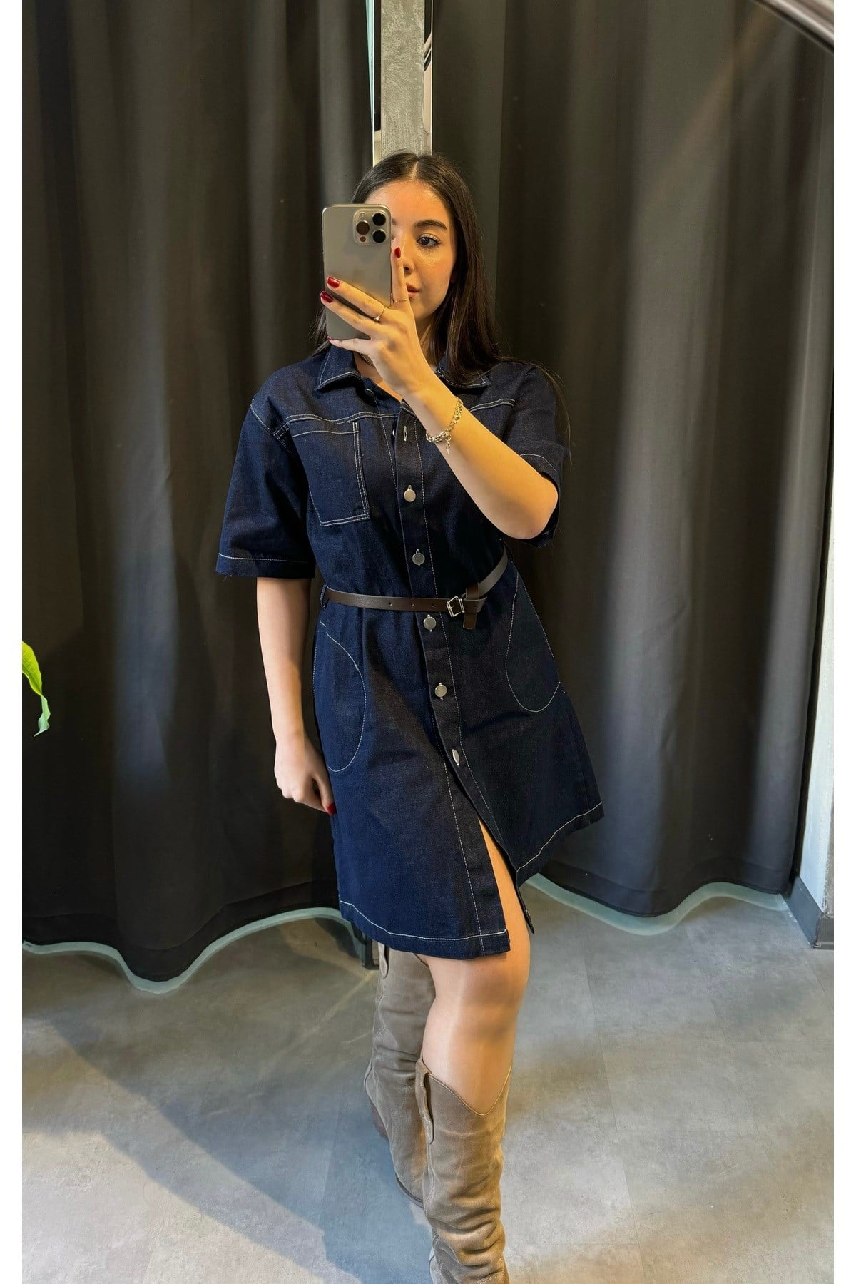 Kemerli Denim Elbise