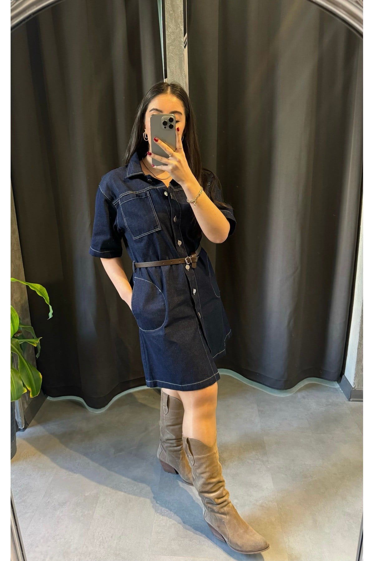 Kemerli Denim Elbise