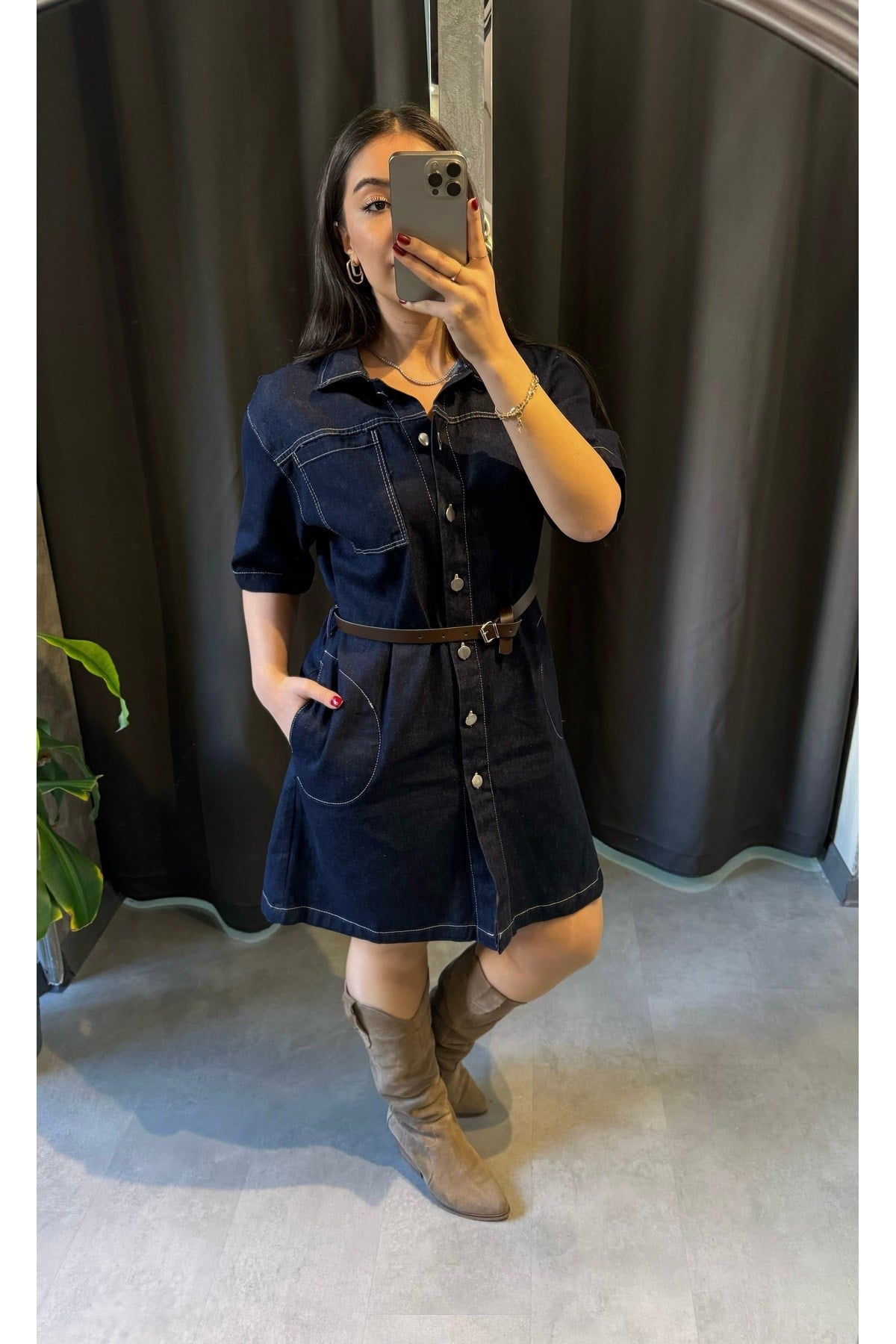 Kemerli Denim Elbise