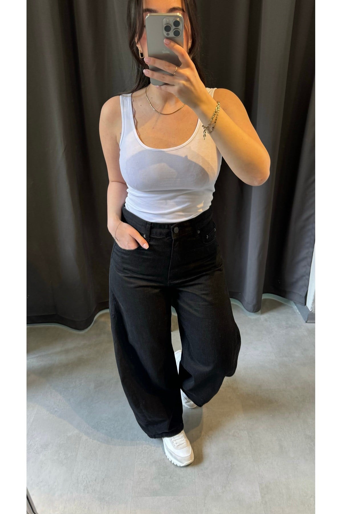 Oversized Orta Bel Siyah Jean