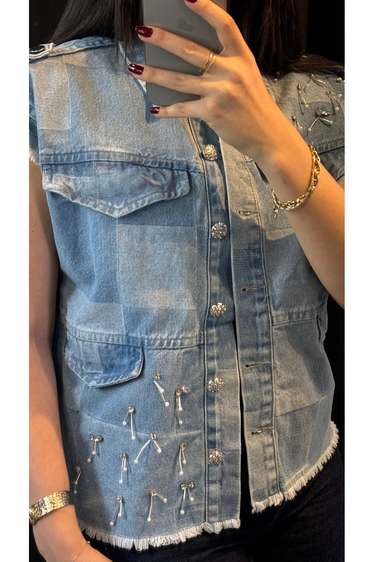 Taş Ve Apoletli Denim Yelek Açık Mavi