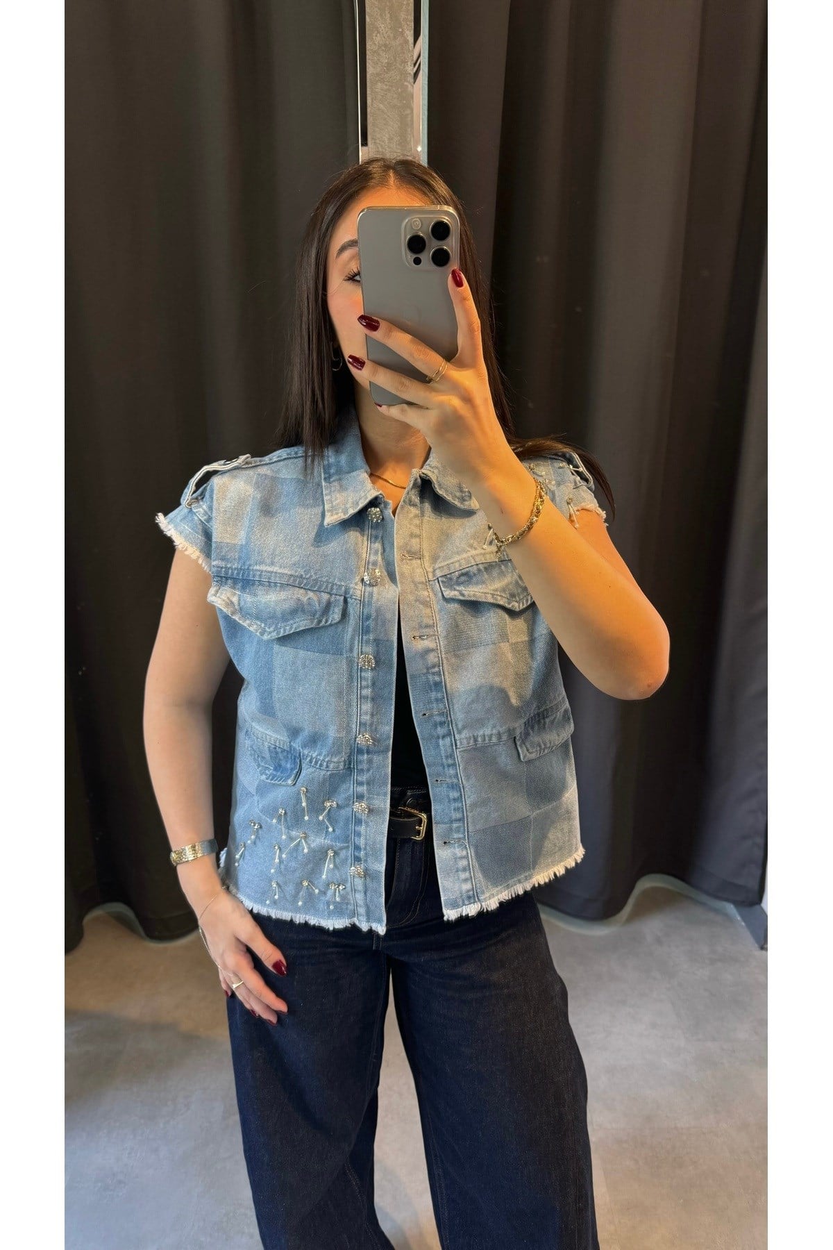 Taş Ve Apoletli Denim Yelek Açık Mavi