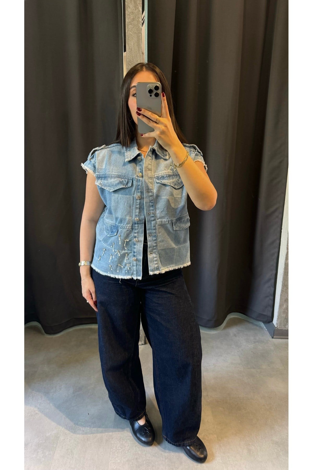 Taş Ve Apoletli Denim Yelek Açık Mavi