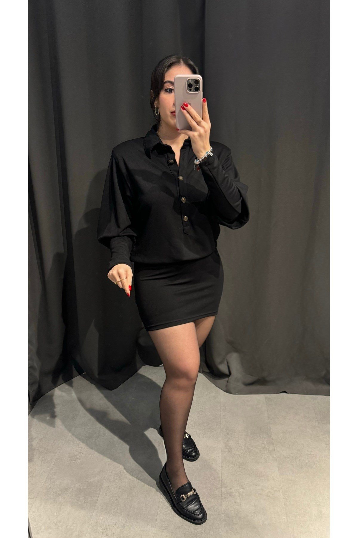 Vatkalı Gold Düğmeli Mini Elbise