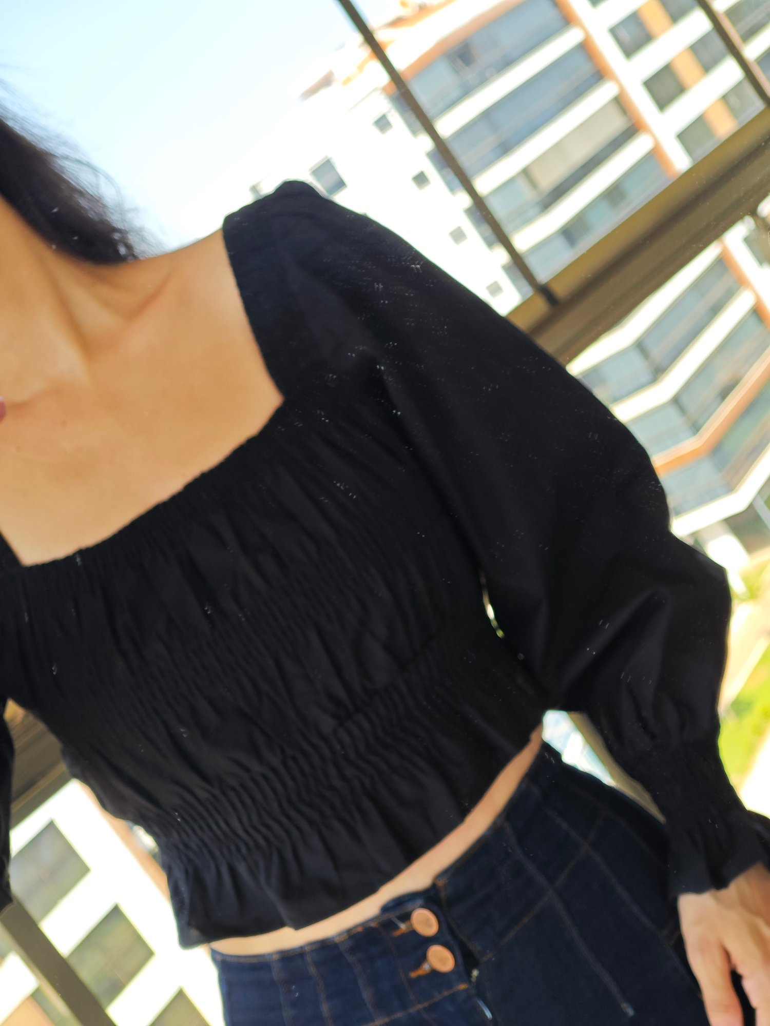 Balon Kollu Büzgülü Kare Yaka Crop Bluz Siyah